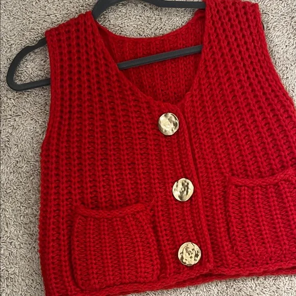 Zara Red V-Neck Sweater Vest with Gold Buttons - Picture 2 of 6